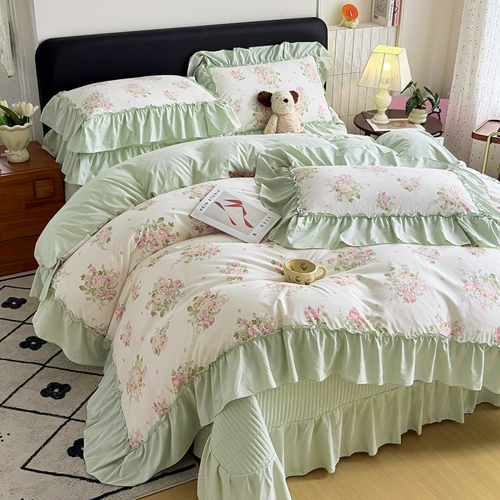 91家纺网 家纺一手货源 找家纺 （总）锦格家纺 2026春夏新款古法水洗棉花边床盖款四件套