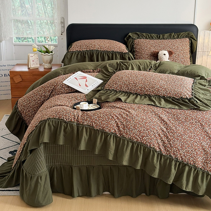 91家纺网 家纺一手货源 找家纺 锦格家纺 2026春夏新款古法水洗棉花边床盖款四件套 艾米娜-绿