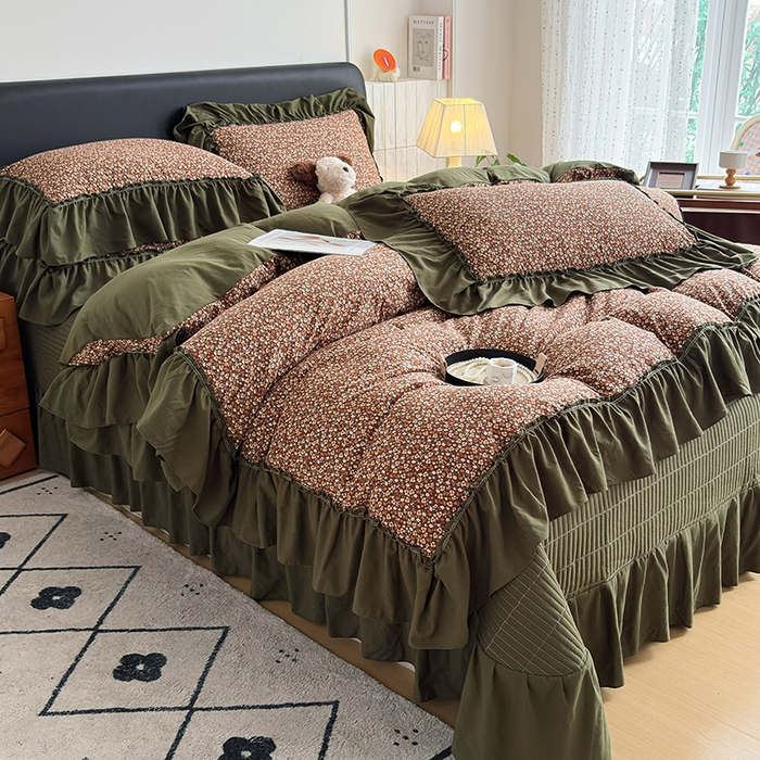 91家纺网 家纺一手货源 找家纺 锦格家纺 2026春夏新款古法水洗棉花边床盖款四件套 艾米娜-绿