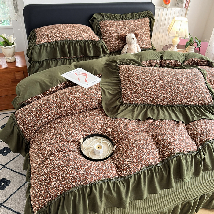 91家纺网 家纺一手货源 找家纺 锦格家纺 2026春夏新款古法水洗棉花边床盖款四件套 艾米娜-绿