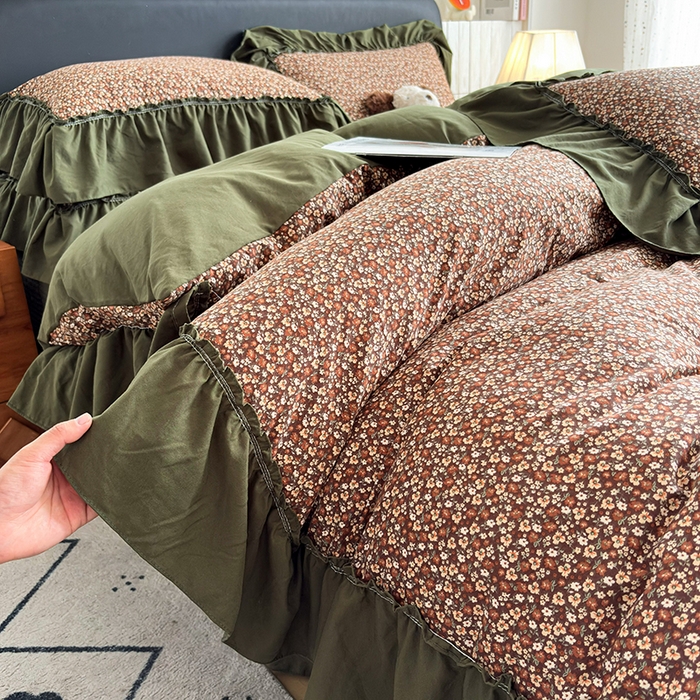 91家纺网 家纺一手货源 找家纺 锦格家纺 2026春夏新款古法水洗棉花边床盖款四件套 艾米娜-绿