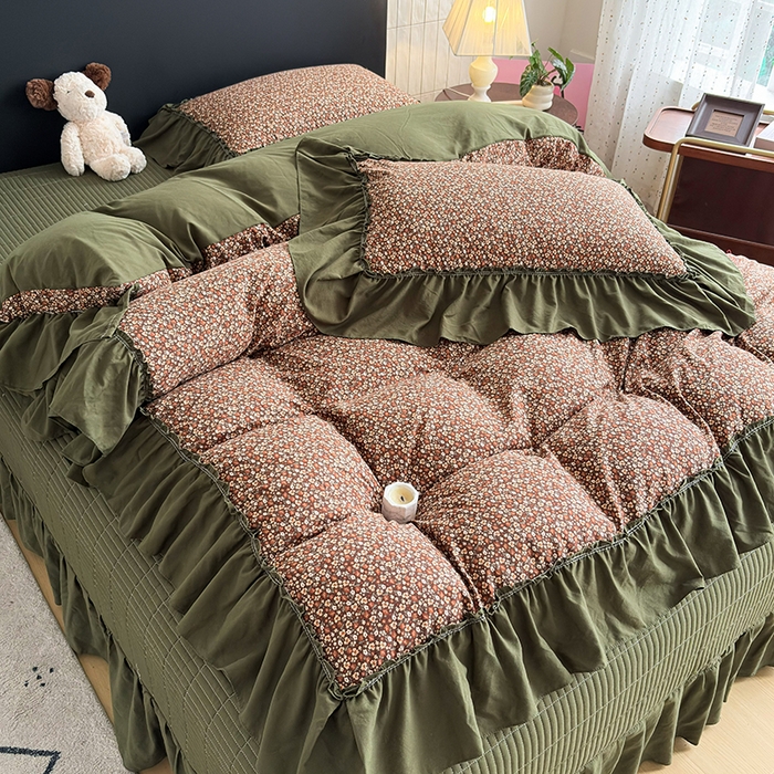 91家纺网 家纺一手货源 找家纺 锦格家纺 2026春夏新款古法水洗棉花边床盖款四件套 艾米娜-绿