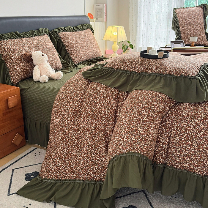 91家纺网 家纺一手货源 找家纺 锦格家纺 2026春夏新款古法水洗棉花边床盖款四件套 艾米娜-绿