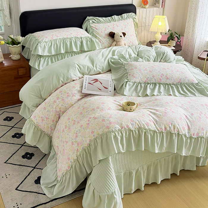 锦格家纺 2026春夏新款古法水洗棉花边床盖款四件套 春意浓