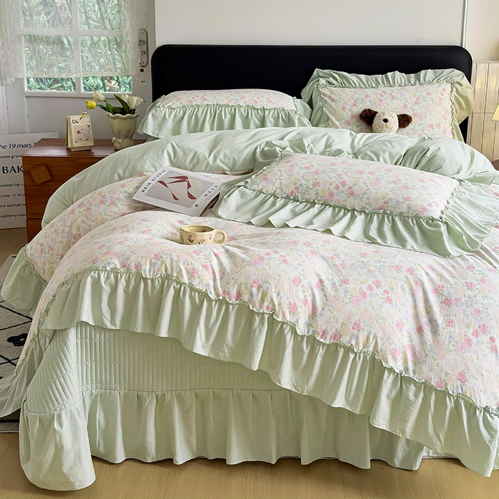 91家纺网 家纺一手货源 找家纺 锦格家纺 2026春夏新款古法水洗棉花边床盖款四件套 春意浓