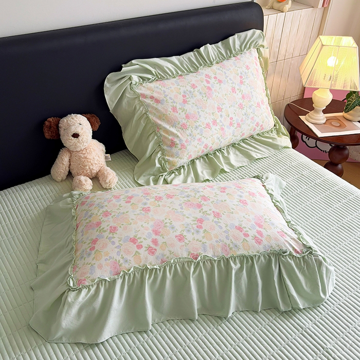 91家纺网 家纺一手货源 找家纺 锦格家纺 2026春夏新款古法水洗棉花边床盖款四件套 春意浓