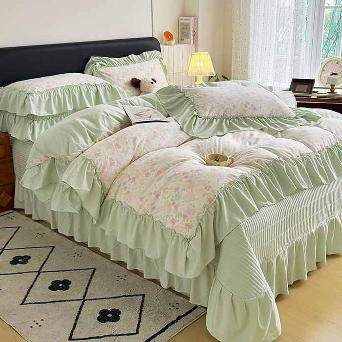 91家纺网 家纺一手货源 找家纺 锦格家纺 2026春夏新款古法水洗棉花边床盖款四件套 春意浓