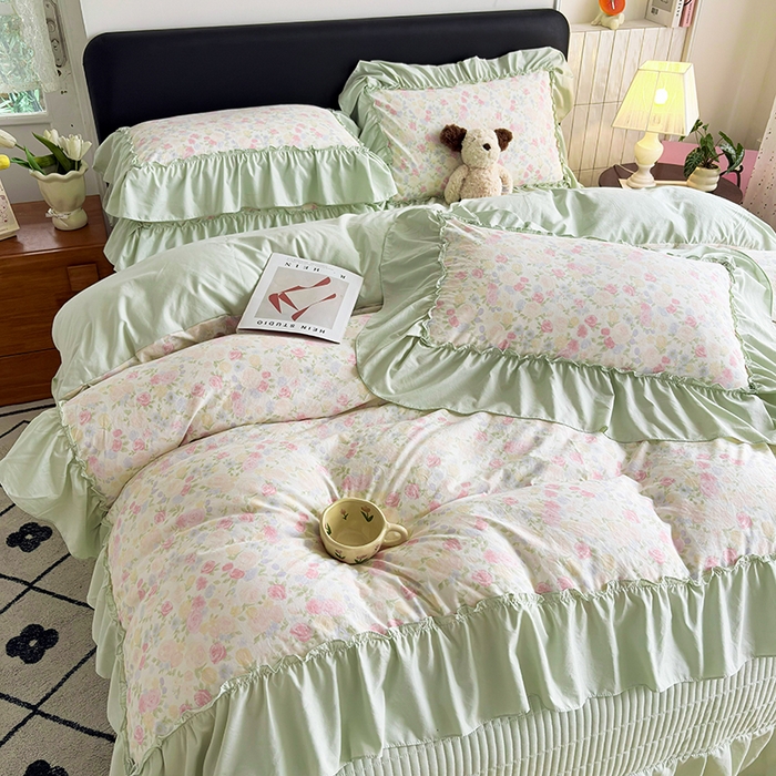 91家纺网 家纺一手货源 找家纺 锦格家纺 2026春夏新款古法水洗棉花边床盖款四件套 春意浓