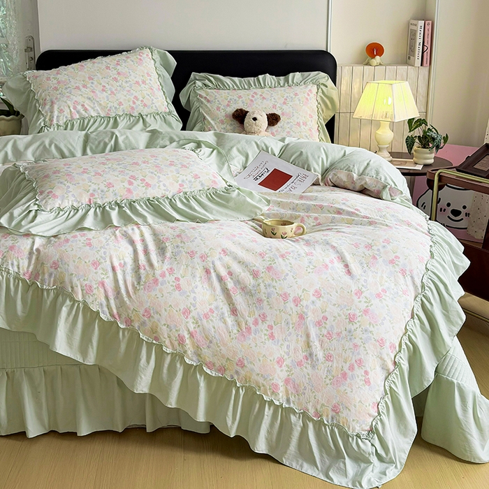 91家纺网 家纺一手货源 找家纺 锦格家纺 2026春夏新款古法水洗棉花边床盖款四件套 春意浓