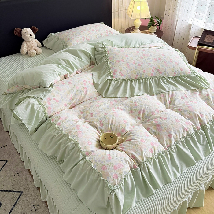 91家纺网 家纺一手货源 找家纺 锦格家纺 2026春夏新款古法水洗棉花边床盖款四件套 春意浓