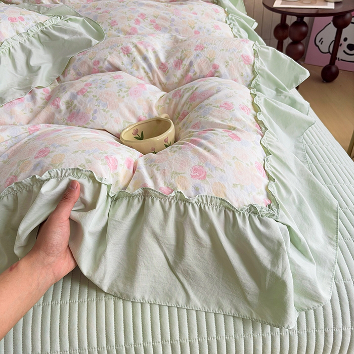 91家纺网 家纺一手货源 找家纺 锦格家纺 2026春夏新款古法水洗棉花边床盖款四件套 春意浓