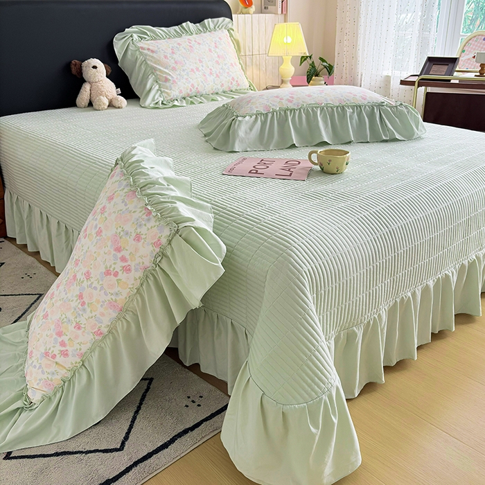 91家纺网 家纺一手货源 找家纺 锦格家纺 2026春夏新款古法水洗棉花边床盖款四件套 春意浓