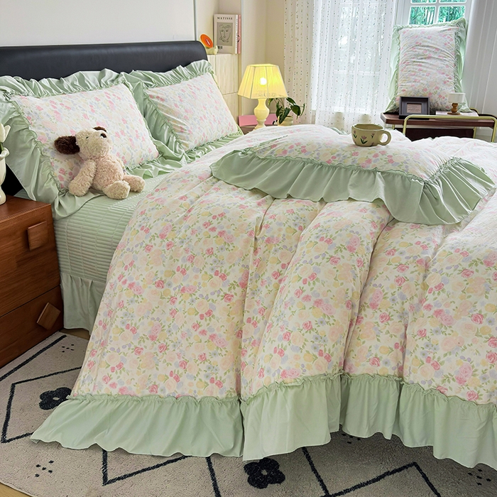 91家纺网 家纺一手货源 找家纺 锦格家纺 2026春夏新款古法水洗棉花边床盖款四件套 春意浓