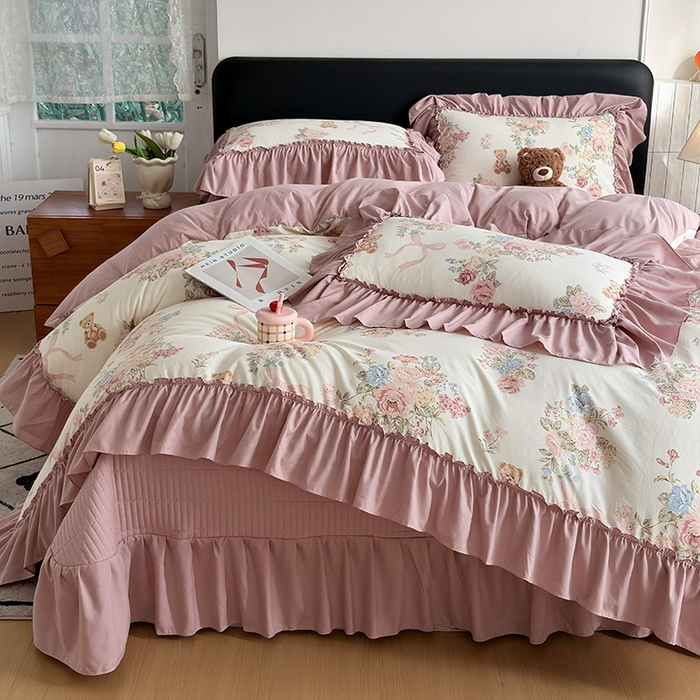 91家纺网 家纺一手货源 找家纺 锦格家纺 2026春夏新款古法水洗棉花边床盖款四件套 花慕里