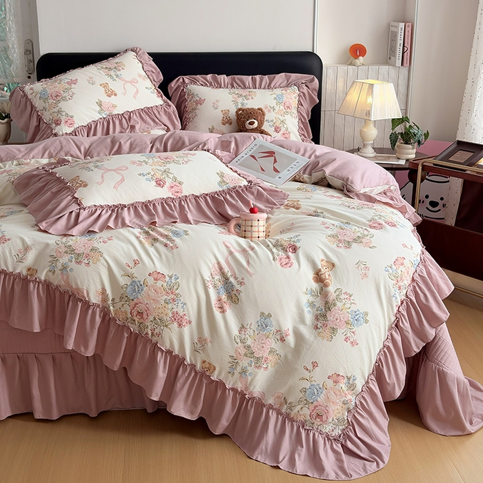 91家纺网 家纺一手货源 找家纺 锦格家纺 2026春夏新款古法水洗棉花边床盖款四件套 花慕里