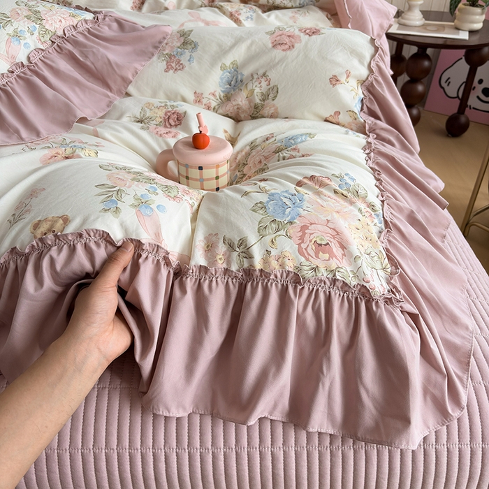 91家纺网 家纺一手货源 找家纺 锦格家纺 2026春夏新款古法水洗棉花边床盖款四件套 花慕里