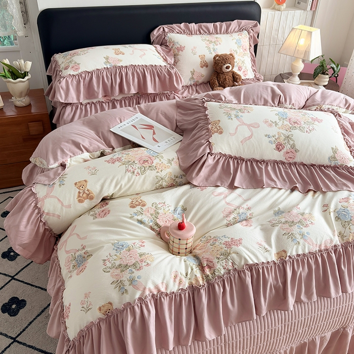 91家纺网 家纺一手货源 找家纺 锦格家纺 2026春夏新款古法水洗棉花边床盖款四件套 花慕里