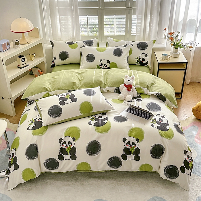 91家纺网 家纺一手货源 找家纺 宇彬家纺 2026直播新款13070全棉纯棉印花单双人被套喷气小清新简约热款学生被罩 熊猫乐园