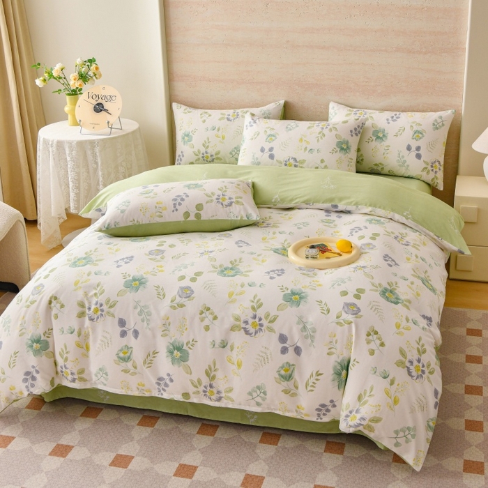91家纺网 家纺一手货源 找家纺 宇彬家纺 2026直播新款13070全棉纯棉印花单双人被套喷气小清新简约热款学生被罩 花韵花香 绿