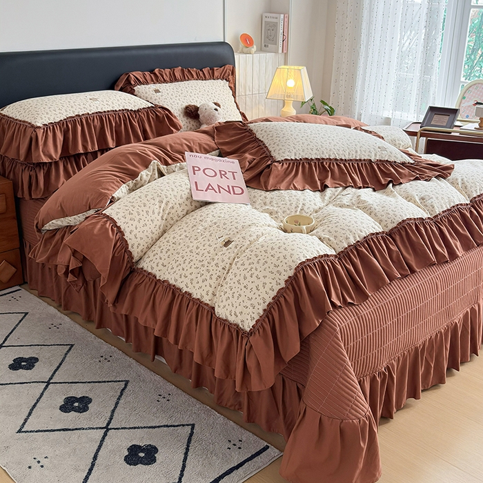 91家纺网 家纺一手货源 找家纺 锦格家纺 2026春夏新款古法水洗棉花边床盖款四件套 花漾小兔