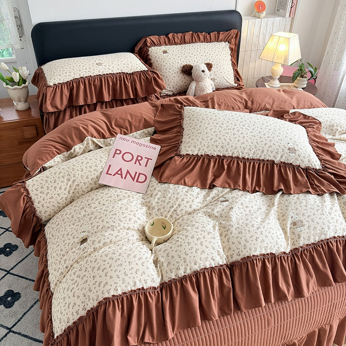 91家纺网 家纺一手货源 找家纺 锦格家纺 2026春夏新款古法水洗棉花边床盖款四件套 花漾小兔