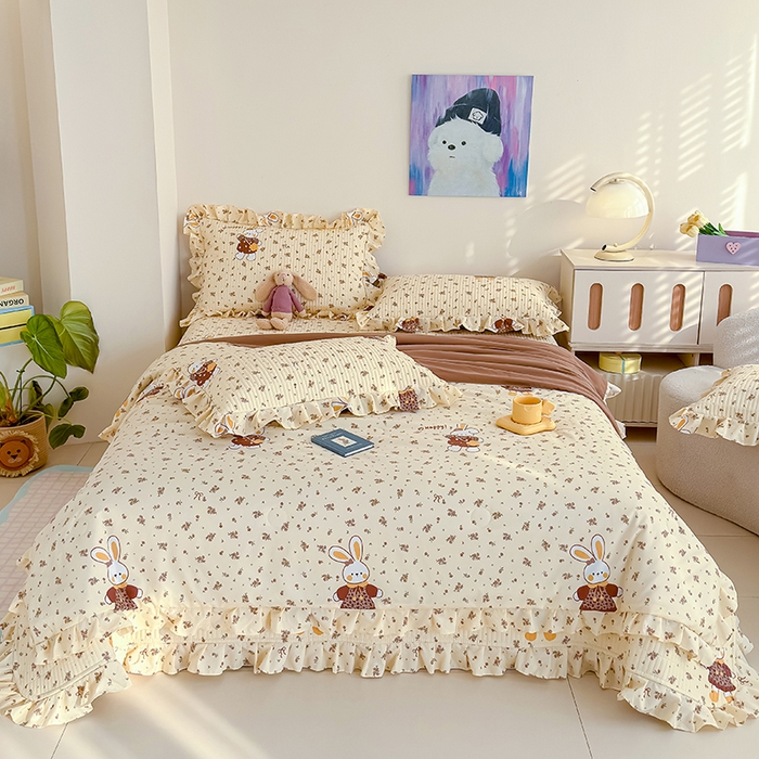 91家纺网 家纺一手货源 找家纺 归属 2026春夏新款古法仿棉单床盖床盖三件套 啵啵兔儿