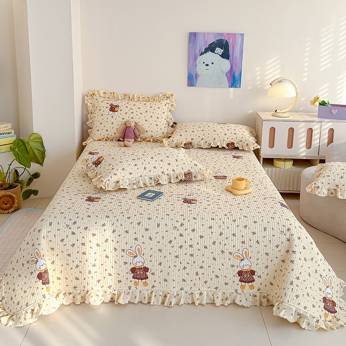 91家纺网 家纺一手货源 找家纺 归属 2026春夏新款古法仿棉单床盖床盖三件套 啵啵兔儿