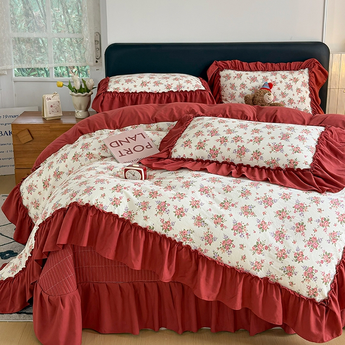 91家纺网 家纺一手货源 找家纺 锦格家纺 2026春夏新款古法水洗棉花边床盖款四件套 茉之语