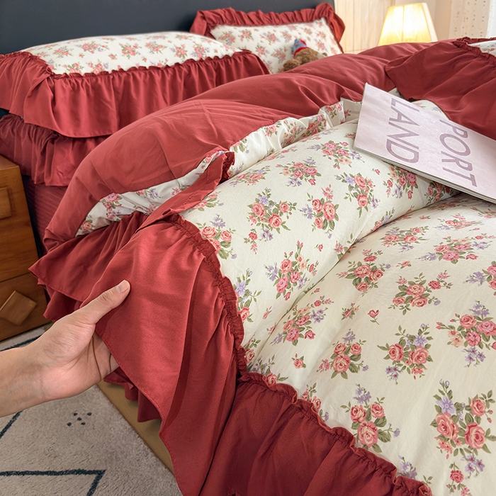 91家纺网 家纺一手货源 找家纺 锦格家纺 2026春夏新款古法水洗棉花边床盖款四件套 茉之语