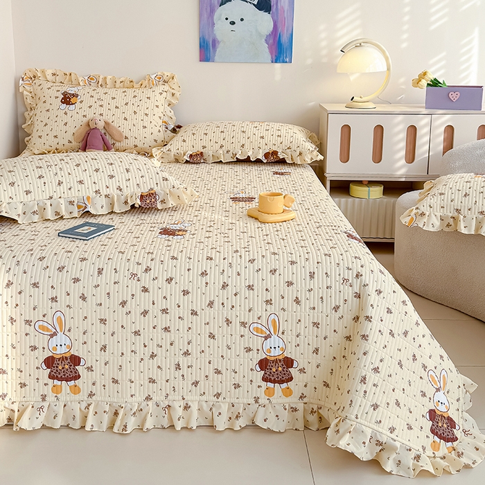 91家纺网 家纺一手货源 找家纺 归属 2026春夏新款古法仿棉单床盖床盖三件套 啵啵兔儿