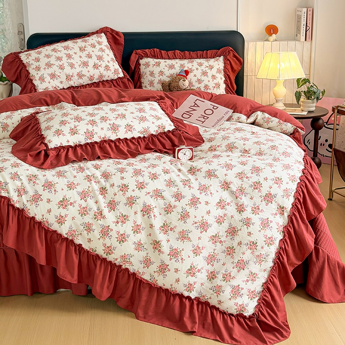 91家纺网 家纺一手货源 找家纺 锦格家纺 2026春夏新款古法水洗棉花边床盖款四件套 茉之语