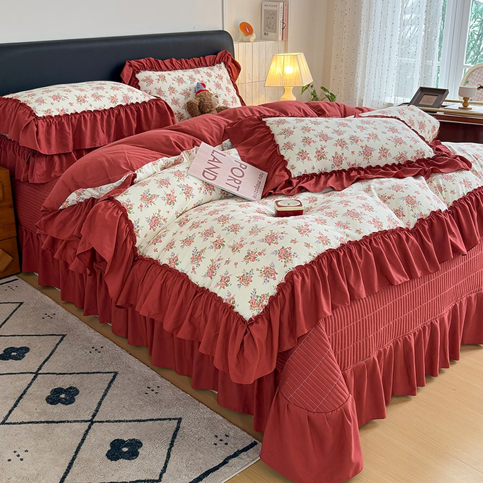 91家纺网 家纺一手货源 找家纺 锦格家纺 2026春夏新款古法水洗棉花边床盖款四件套 茉之语