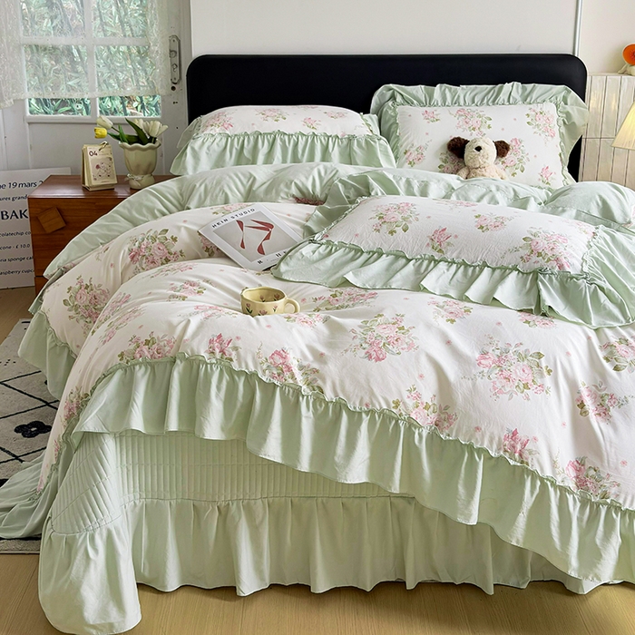 91家纺网 家纺一手货源 找家纺 锦格家纺 2026春夏新款古法水洗棉花边床盖款四件套 清花若雨