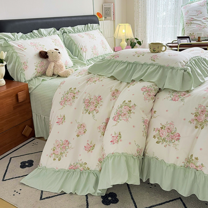 91家纺网 家纺一手货源 找家纺 锦格家纺 2026春夏新款古法水洗棉花边床盖款四件套 清花若雨