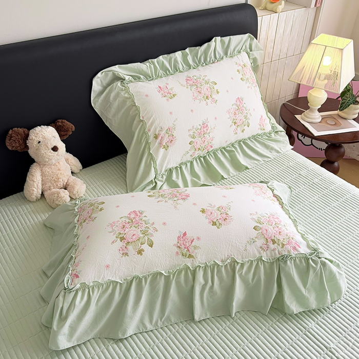 91家纺网 家纺一手货源 找家纺 锦格家纺 2026春夏新款古法水洗棉花边床盖款四件套 清花若雨