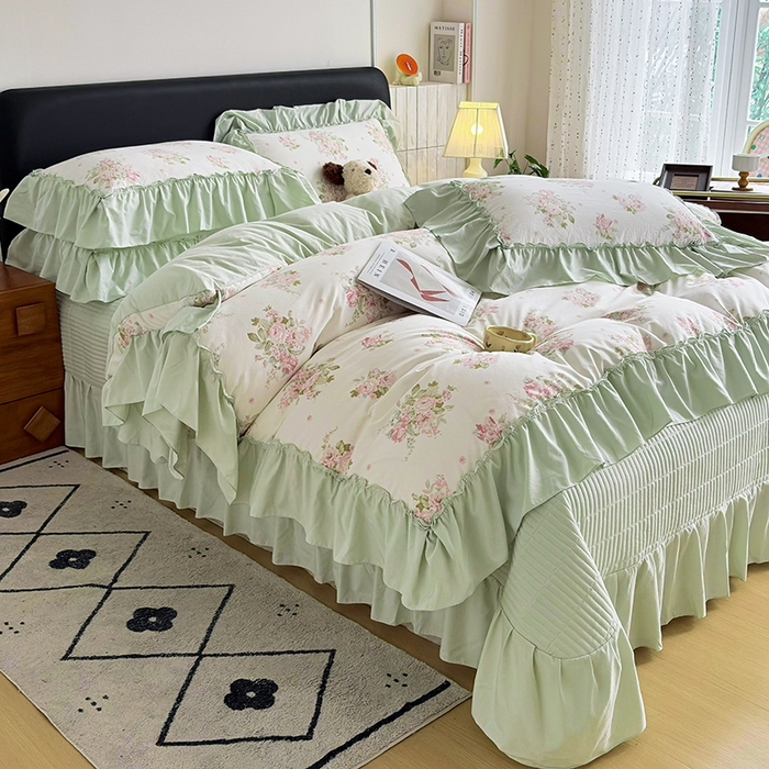 91家纺网 家纺一手货源 找家纺 锦格家纺 2026春夏新款古法水洗棉花边床盖款四件套 清花若雨