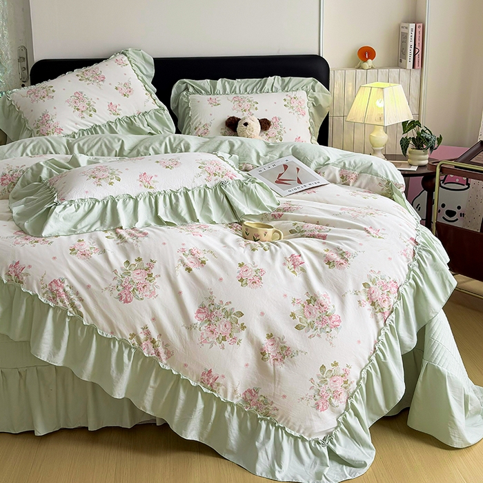 91家纺网 家纺一手货源 找家纺 锦格家纺 2026春夏新款古法水洗棉花边床盖款四件套 清花若雨