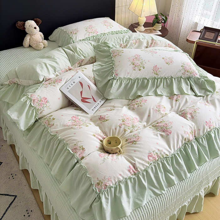 91家纺网 家纺一手货源 找家纺 锦格家纺 2026春夏新款古法水洗棉花边床盖款四件套 清花若雨