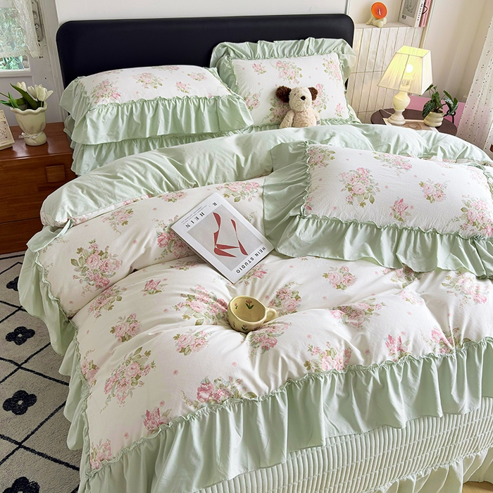 91家纺网 家纺一手货源 找家纺 锦格家纺 2026春夏新款古法水洗棉花边床盖款四件套 清花若雨