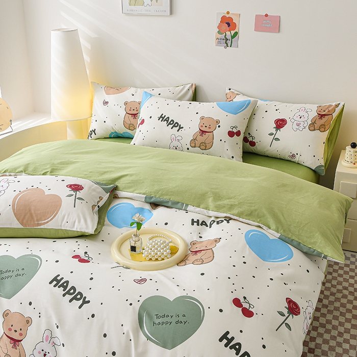 91家纺网 家纺一手货源 找家纺 宇彬家纺 2026直播新款13070全棉纯棉印花单双人被套喷气小清新简约热款学生被罩 熊和兔