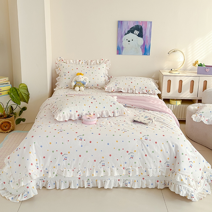 91家纺网 家纺一手货源 找家纺 归属 2026春夏新款古法仿棉单床盖床盖三件套 彩色波点