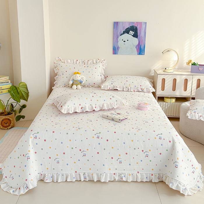 91家纺网 家纺一手货源 找家纺 归属 2026春夏新款古法仿棉单床盖床盖三件套 彩色波点