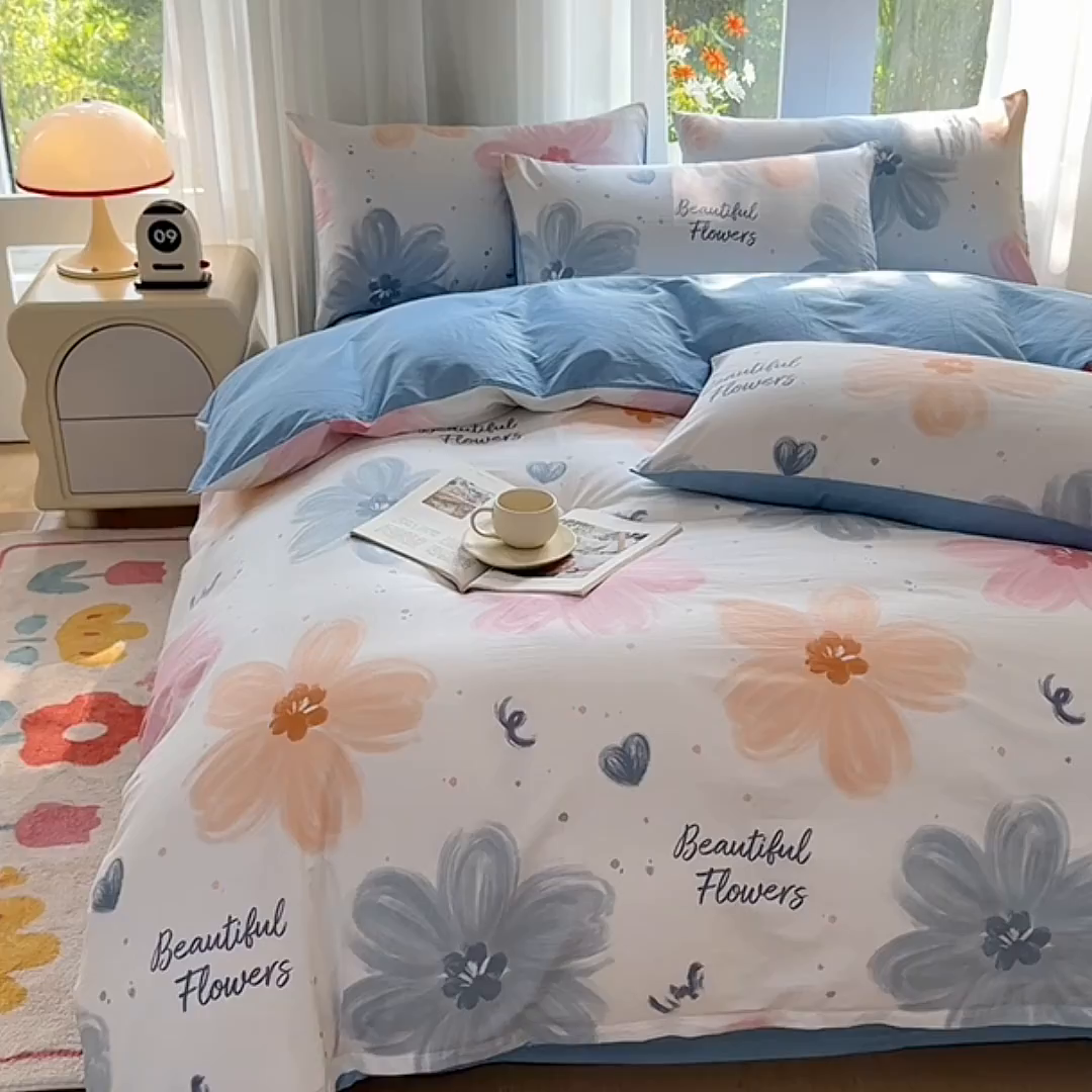 91家纺网 家纺一手货源 找家纺 宇彬家纺 2026直播新款13070全棉纯棉印花单双人被套喷气小清新简约热款学生被罩 慕夏