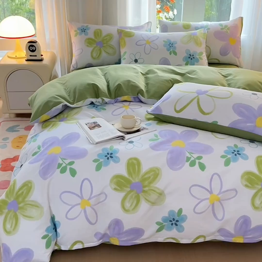 91家纺网 家纺一手货源 找家纺 宇彬家纺 2026直播新款13070全棉纯棉印花单双人被套喷气小清新简约热款学生被罩 浔彩