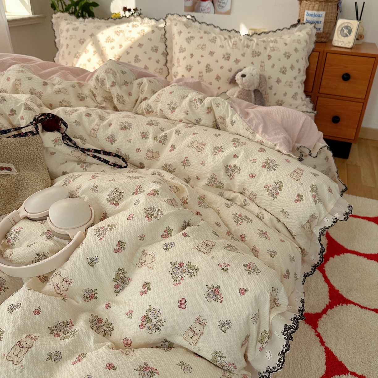 91家纺网 家纺一手货源 找家纺 顾里家纺 2026新款法式复古花边三层纱四件套（会员-2元） 春村小兔