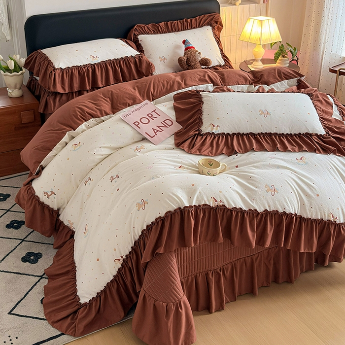 锦格家纺 2026春夏新款古法水洗棉花边床盖款四件套 幸福加马