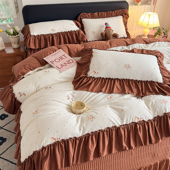 91家纺网 家纺一手货源 找家纺 锦格家纺 2026春夏新款古法水洗棉花边床盖款四件套 幸福加马