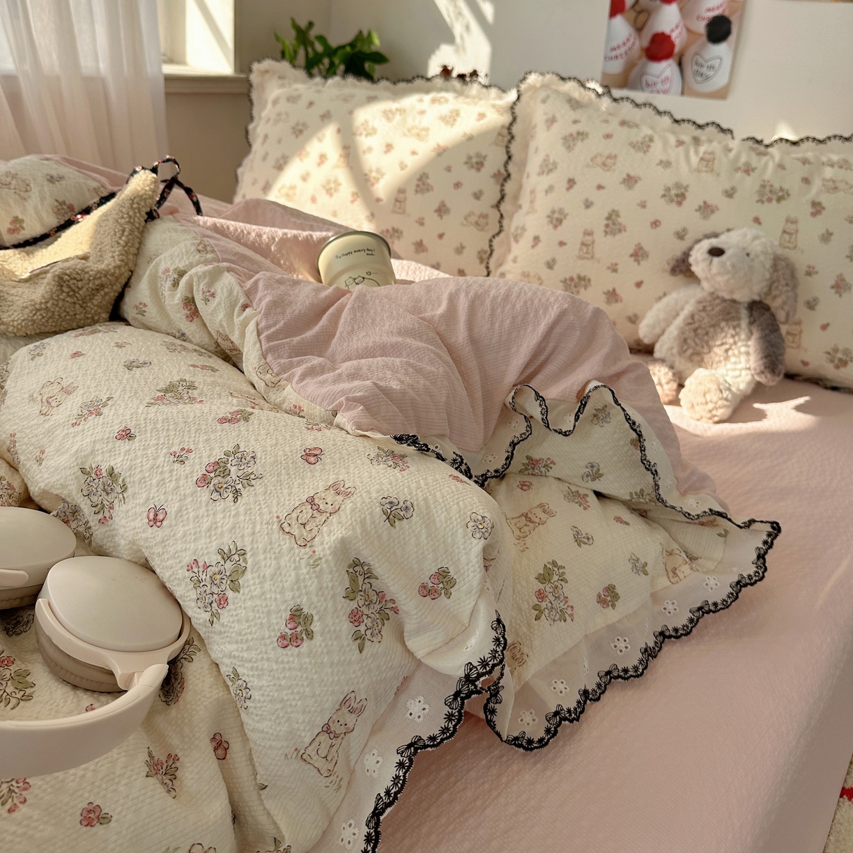 91家纺网 家纺一手货源 找家纺 顾里家纺 2026新款法式复古花边三层纱四件套（会员-2元） 春村小兔