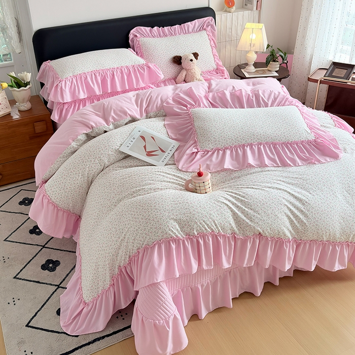 锦格家纺 2026春夏新款古法水洗棉花边床盖款四件套 樱花落