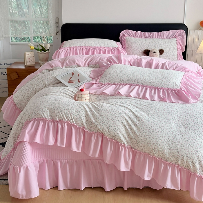 91家纺网 家纺一手货源 找家纺 锦格家纺 2026春夏新款古法水洗棉花边床盖款四件套 樱花落